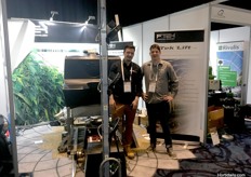 Mark Currie and James Currie from FTEK Ltd showing the company's latest TekSpray model with AirBoost technology and 1000L bulk tank.