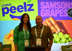 Maile Devers and John Arjona with Fowler Packing are promoting California grown grapes as well as citrus.