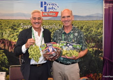 Nick Dulcich and Anthony Stetson with Pretty Lady Vineyards proudly show California grown Sugar Drop and Ruby Rush grapes.