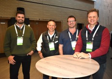 AgrigateOne's Ian Groenewald in conversation with Luke Wood and Christian Patterson from Escavox in Australia, and Wian Potgieter, also from AgrigateOne.