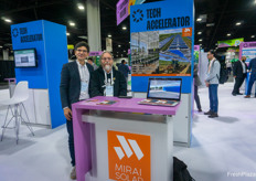 Michael Salvador and Emmanuel van Kerschaver, Mirai Solar, with their foldable solar panels that can be integrated in greenhouses and screening systems