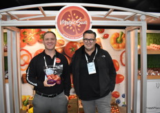 Tony Otto and Alejandro Santander from MagicSun proudly show greenhouse grown Roma tomatoes from Central Mexico. 