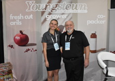 Halie Marriott and David Anthony with Youngstown Distributors show pomegranate products, including arils and juices. 