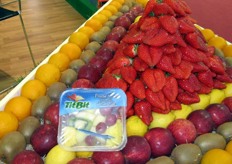 Detail of the line Tit Bit. Many fruit varieties (ananas, coconut, watermelon, kiwi, melon) and two fruit salad mix (Classic and Tropical), in a box with a small fork.