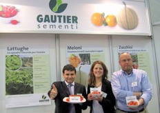 A delegation of GAUTIER ITALIA. From left to right: Maurizio Montalti, Pauline Rondeau, Benedetto Granata, with some new products showed at Macfrut.