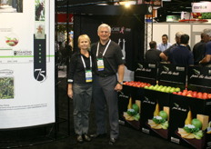 Jill Morrisson and Don Wohlford of Oneonta Starr Ranch Growers, which was established 75 years ago, promoting their pears