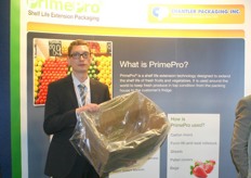 Ian Chantler Ferguson shows a plastic packaging, which will remove the ethylene gas to extend the shelf life.