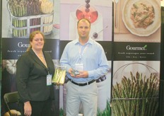 Julia Inestroza and Brian Miller of Gourmet Trading. They have new bagged asparagus (green, white and mix) and a new label for the blueberry box.