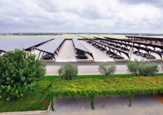 A solar panel installation in the parking area.