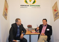 Verhagen Dinteloord. Dennis Wetenkamp (l) from AB Texel visits Bas Rijk van Verhagen