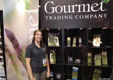 Chloe Varennes besides a display of several products including: tri-color asparagus, peeled asparagus and their Box Top program for Green Giant blueberries. www.gourmettrading.com