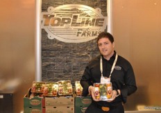 Jimmy Coppola of TopLine Farms promoting TopLine Creations: greenhouse vegetables with sweet vinaigrette or spicy olive oil.