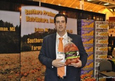 Kelley Precythe of Southern Produce Distributors promoting his sweet potatoes.