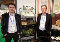 Miguel Blanco and Alain Guerola in their Algivert stand, Spanish company that produces and markets melon, watermelon and citrus fruit.