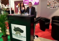 Nicolas Vialade (right) with his partner in the Maison Vialade Champignons stand, promoting all kinds of mushrooms and champignon mushrooms.