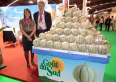 Caroline Martins and Michel Vincente, in the Sud Force stand, next to their Charentais melons pyramid.