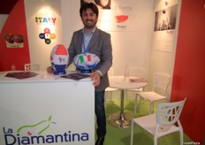 Marco Malavasi in the stand of La Diamantina, in the Italian pavilion, promoting the Rugby new brand for watermelons.