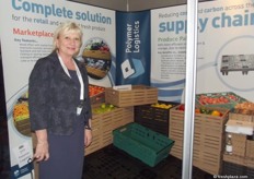 Sue Hadley at the Polymer Logistics stand promoting the new plastic folding crate.